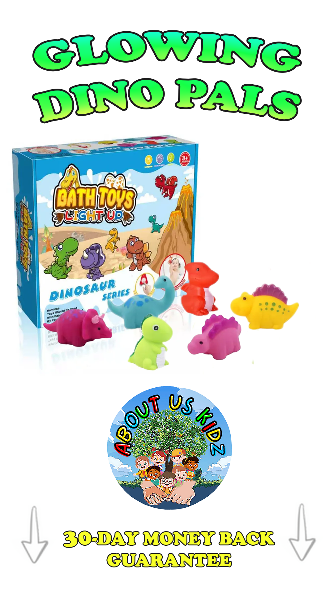 Glowing Dino Pals- Light Up Bath Toys Dinosaur Series 6pc Set. Ages 1+ About Us Kidz